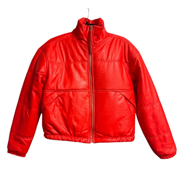 VILA Orange Red Faux Leather Puffer Jacket NWT Size M - Picture 2 of 4